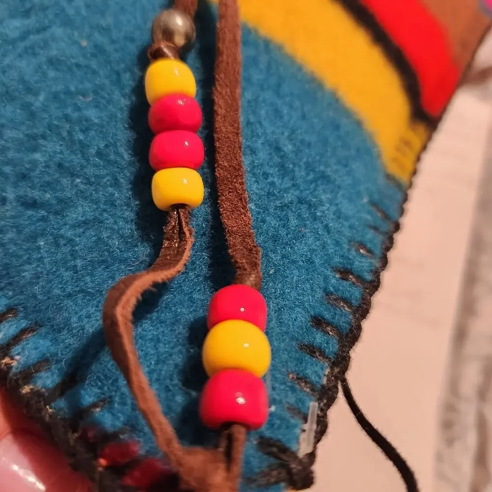 Vintage 70s Artisan Wool Leather Folk Art Tribal Boho Hand Stitched Pillow 20x15